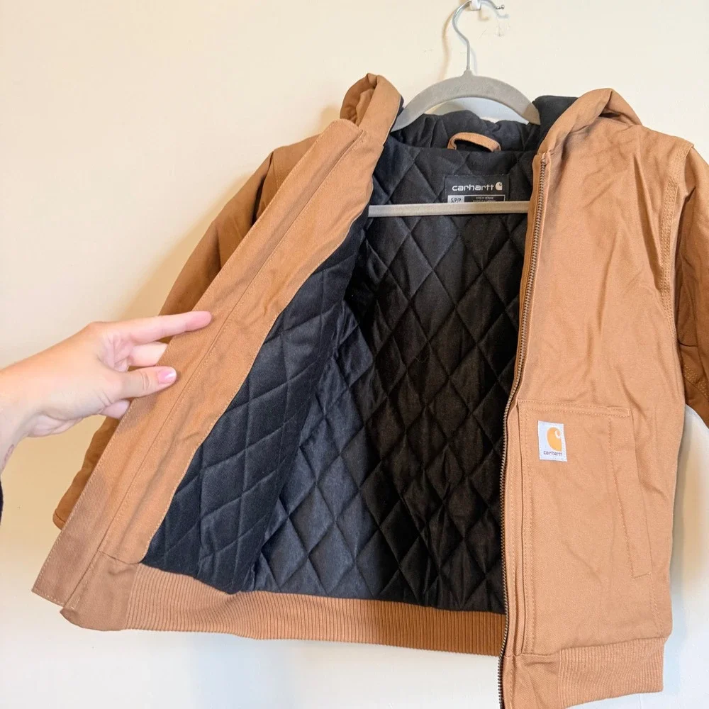 Carhartt Kids Brown Canvas Hooded Active Jacket Quilted Lining Small